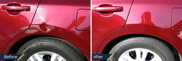 Abolladura de un panel antes y después de repararla, previo a la venta del vehículo