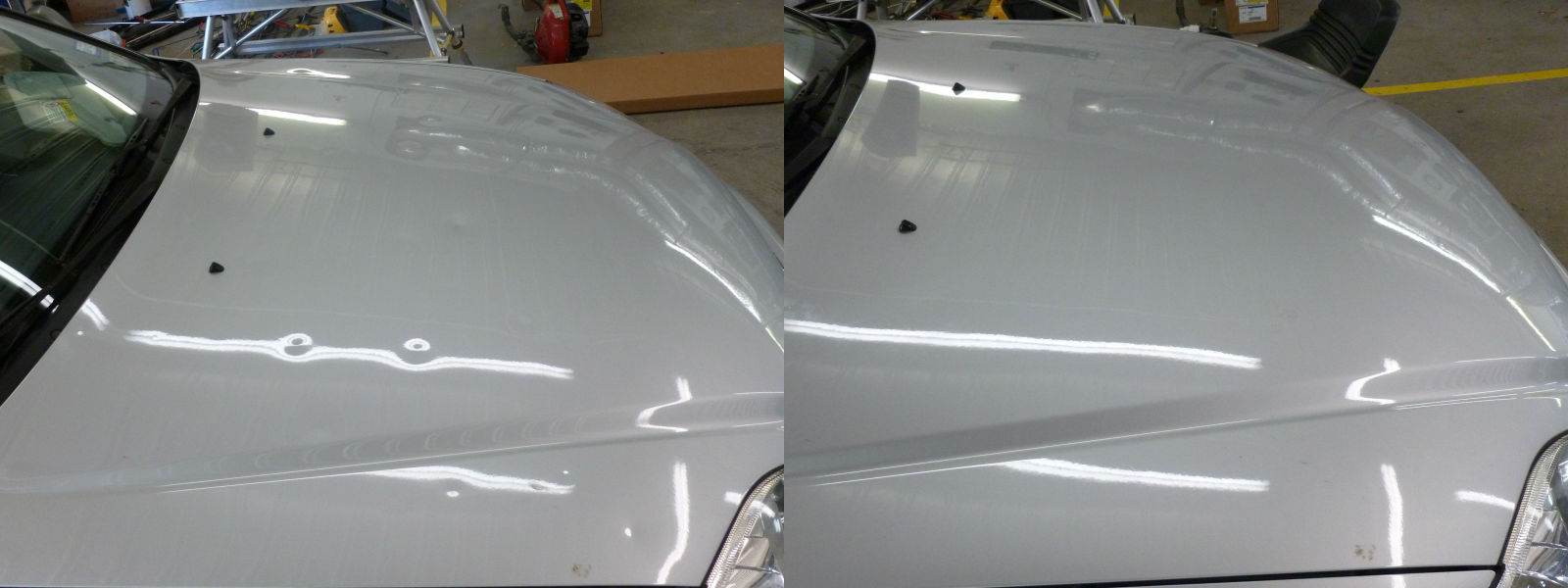 Before-and-after comparison of a hail-damaged hood repaired with PDR